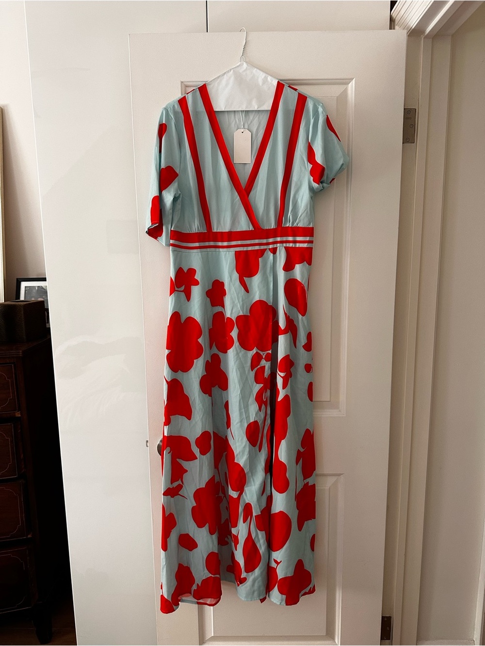 Light Blue & Red Floral V-Neck Midi Dress